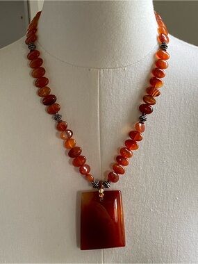 Genuine Carnelian Agate Statement Necklace - Large Pendant - Artisan Boho Style